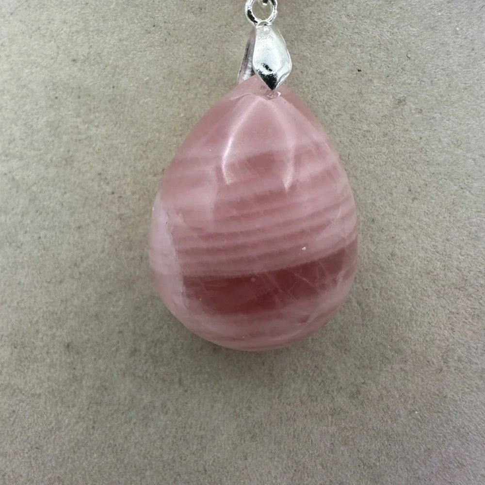 Madagascar Rose Quartz Teardrop Pendant Necklace on Silver Plated Box Chain